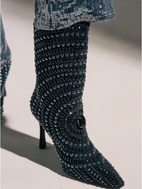 AKIRA Black Stud-Embellished Pointed Stiletto Ankle Boot